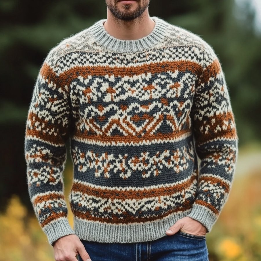 

Men's Vintage Knitted Geometric Pattern Round Neck Long Sleeve Sweater