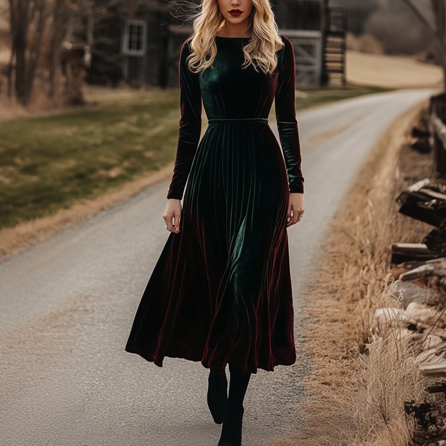 

Ladies Vintage Long-sleeved Velvet Midi Dresses