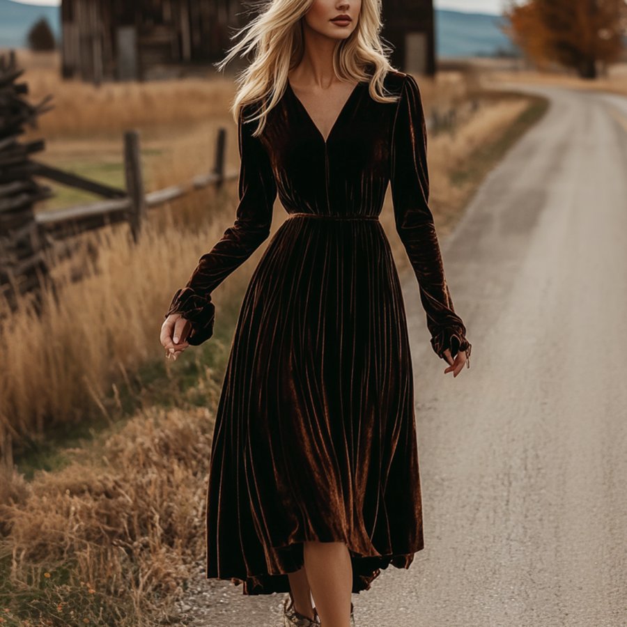 

Ladies Vintage Long-sleeved Brown Velvet Midi Dresses