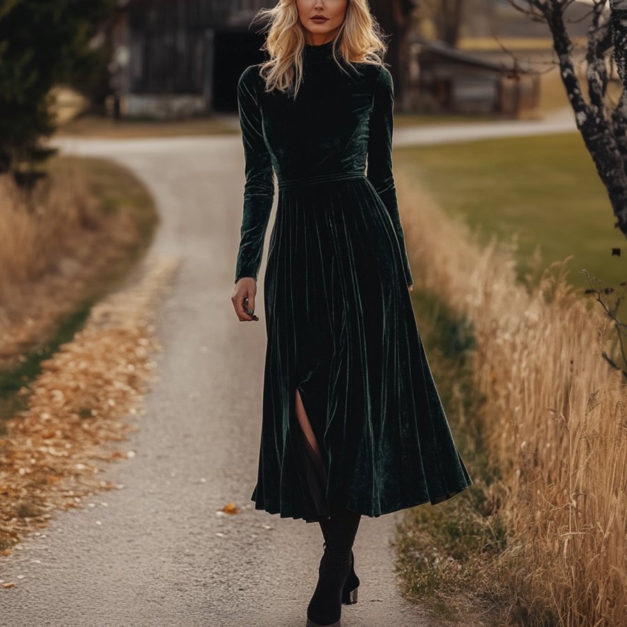 

Ladies Vintage Long-sleeved Velvet Midi Dresses