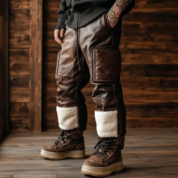 Men's Outdoor Motorcycle Riding Lamb Wool Spliced Zipper Pocket Leather Pants - Dozenlive.com 