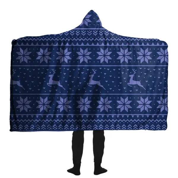 Snowflake Elk Printed Hooded Blanket For Christmas Home Outdoor - Wayrates.com 