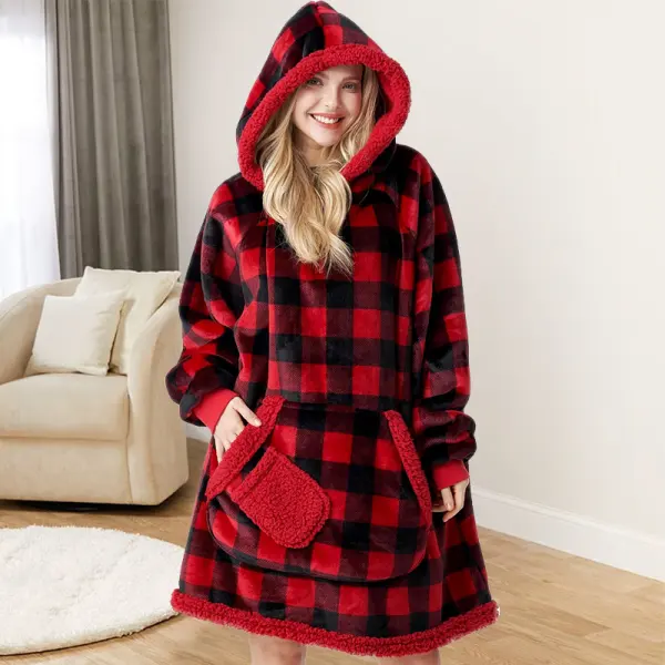 Red Plaid Christmas Wearable Hoodie Blanket Fleece Pocket Black - Cotosen.com 