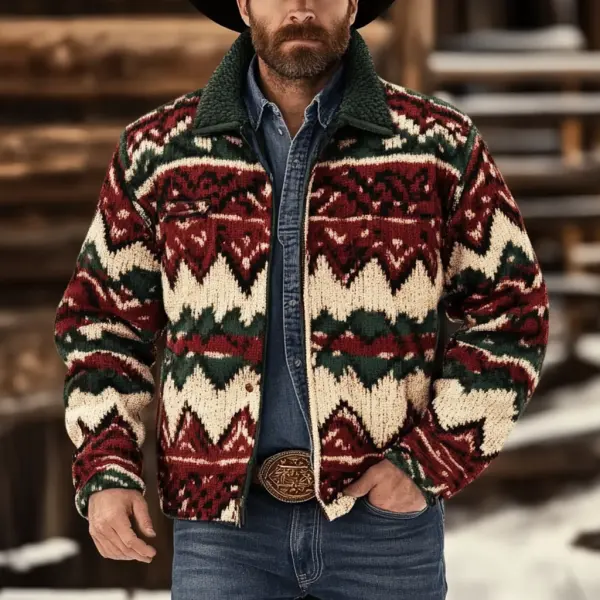 Men's Vintage Southwestern Western Aztec Print Wool Lapel Jacket - Wayrates.com 