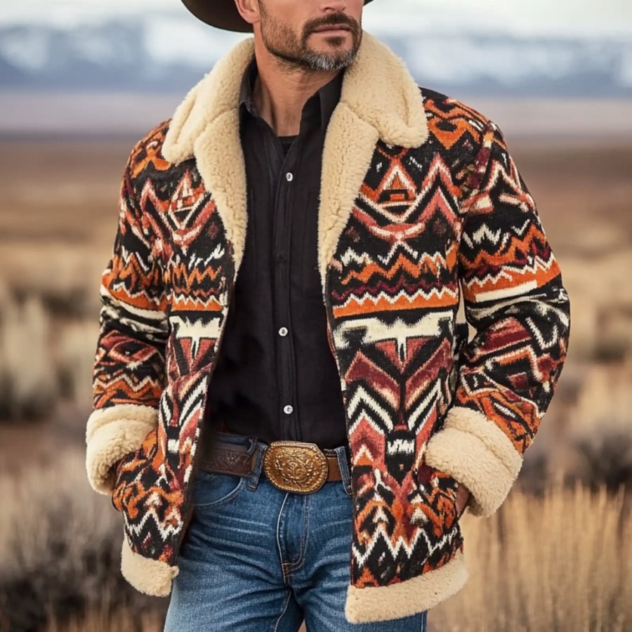 

Men's Vintage Southwestern Western Aztec Print Wool Fleece Lapel Collar Outdoor Sherpa Lined Jacket