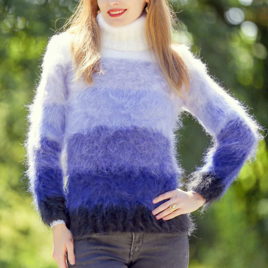 

Ladies Vintage Long-sleeved Blue Pile Neck Oversized Knitted Mohair Sweater