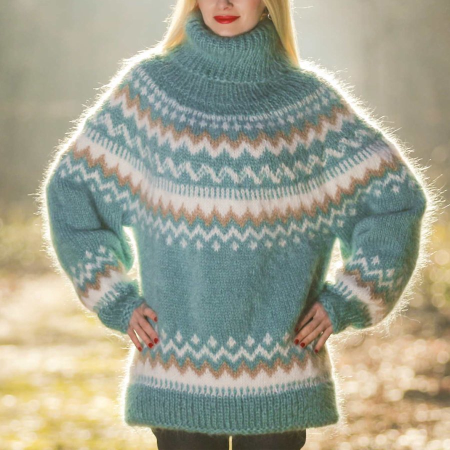 

Ladies Vintage Long-sleeved Sky Blue Pile Neck Oversized Knitted Mohair Sweater