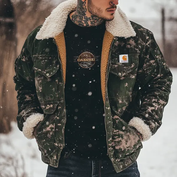 Men's Vintage Camouflage Pocket Fleece Lapel Collar Outdoor Motorcycle Sherpa Lined Hunt Jacket - Dozenlive.com 