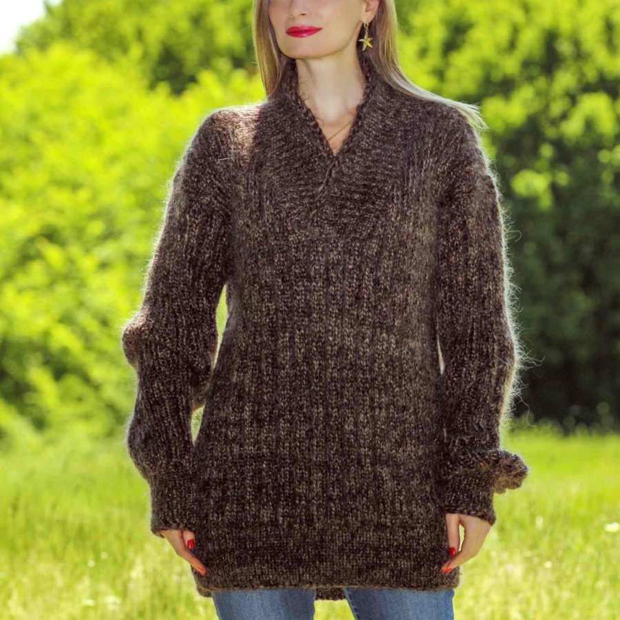 

Ladies Vintage Long-sleeved Brown V-Neck Oversized Knitted Mohair Sweater