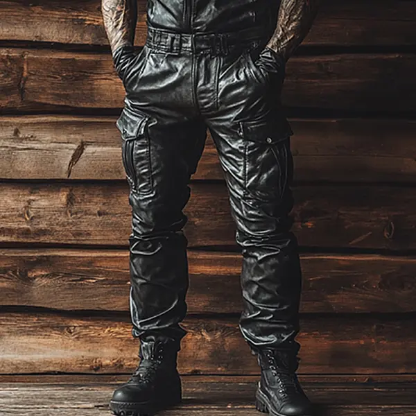 Men's Outdoor Motorcycle Riding British Style Leather Multi Pocket Zipper Pants - Fineyoyo.com 