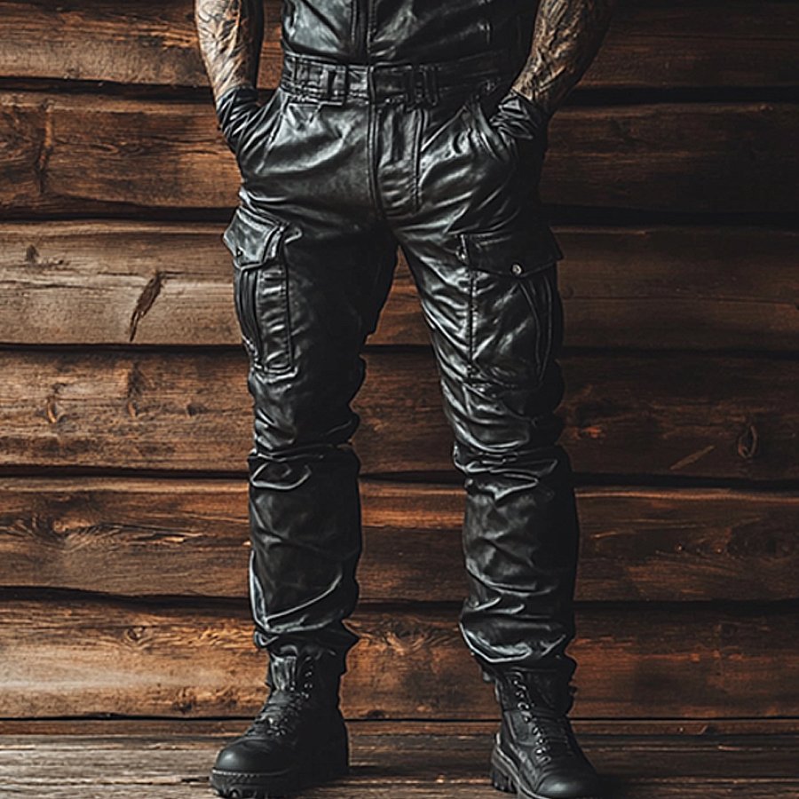 

Men's Outdoor Motorcycle Riding British Style Leather Multi Pocket Zipper Pants