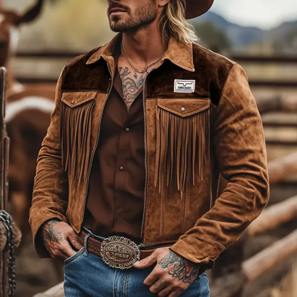 Men's Western Cowboy Splicing Tassel Suede Pocket Jacket - Nicheten.com 