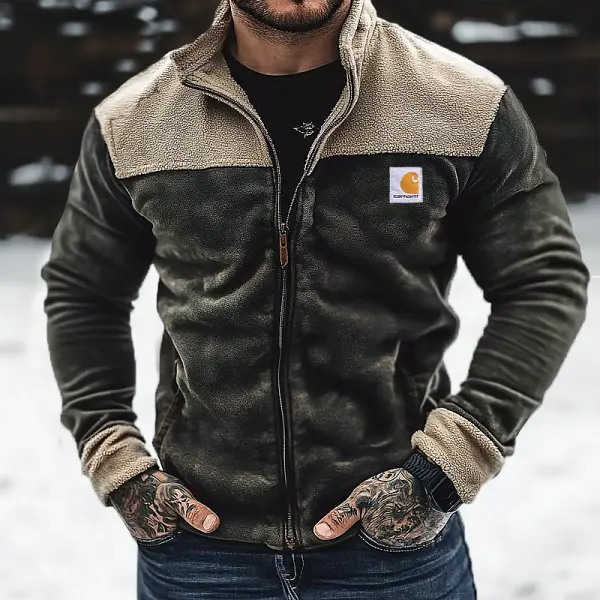 Men's Outdoor Vintage Fleece Spliced Lamb Fleece Zipper Sweatshirts - Dozenlive.com 