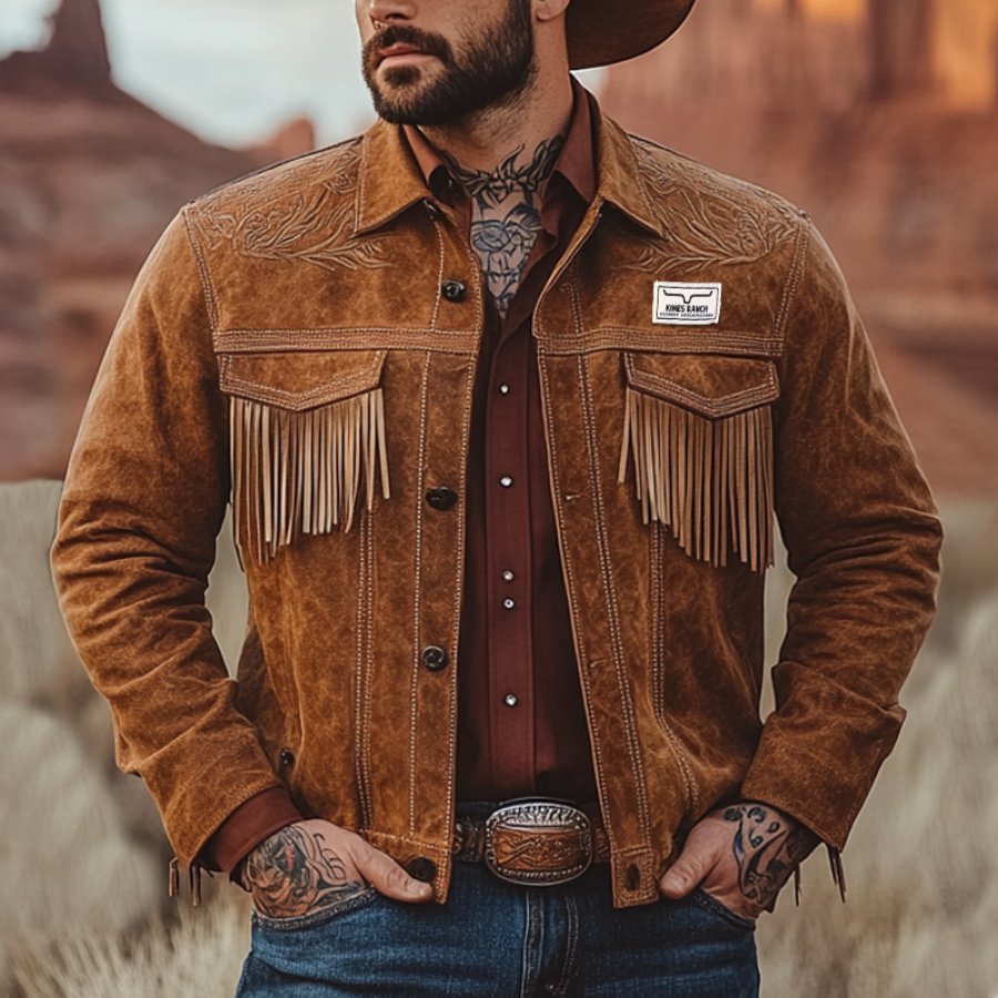 

Men's Western Cowboy Carving Print Splicing Tassel Suede Pocket Jacket
