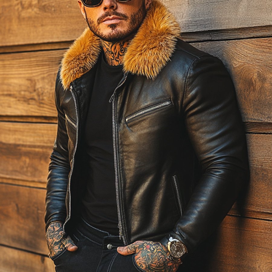

Men's Motorcycle Riding Leather Windproof Mink Fur Splicing Zipper Jacket