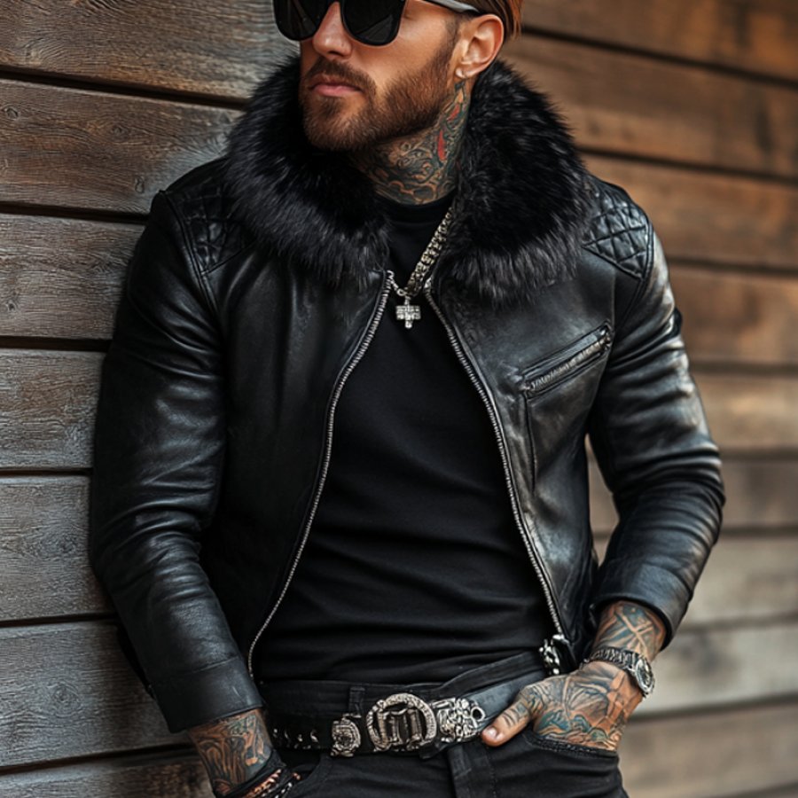 

Men's Motorcycle Riding Leather Windproof Fox Fur Splicing Zipper Jacket
