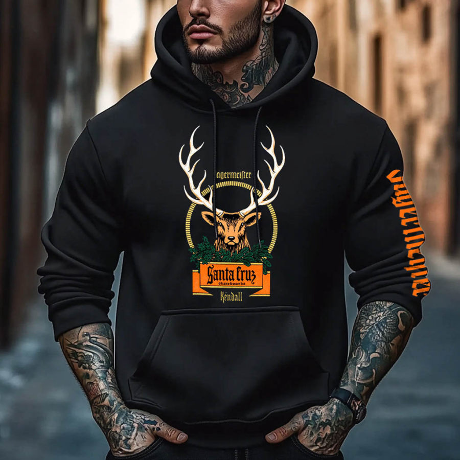 

Men's Vintage Deer Print Pocket Long Sleeve Black Hoodie