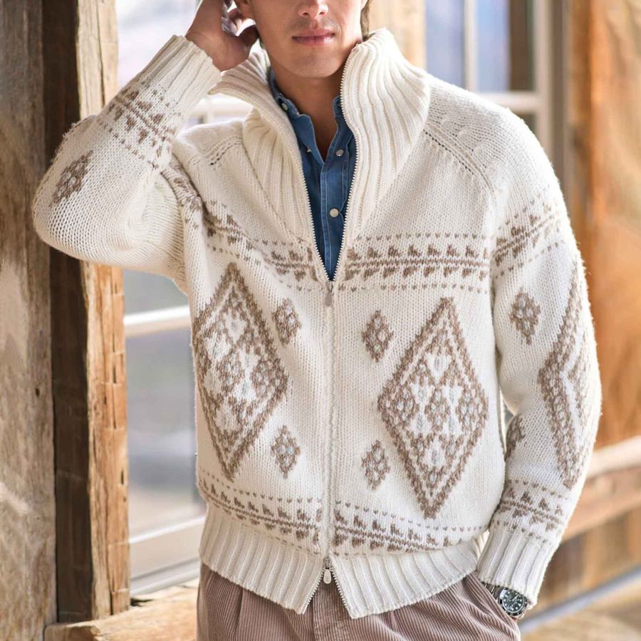 

Men's Vintage Ethnic Geometric Pattern Knitted Stand Collar Cardigan