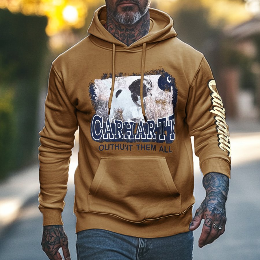 

Men's Vintage Dog Print Pocket Long Sleeve Camel Hoodie