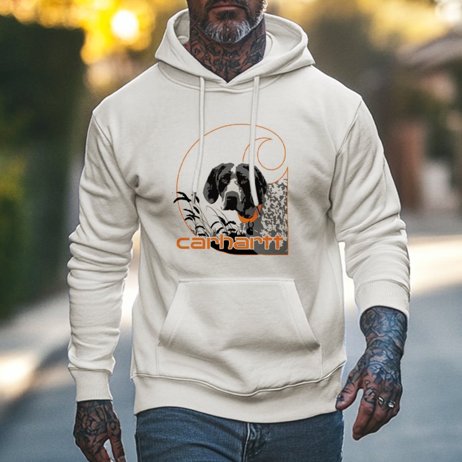 

Men's Vintage Dog Print Pocket Long Sleeve Off-white Hoodie