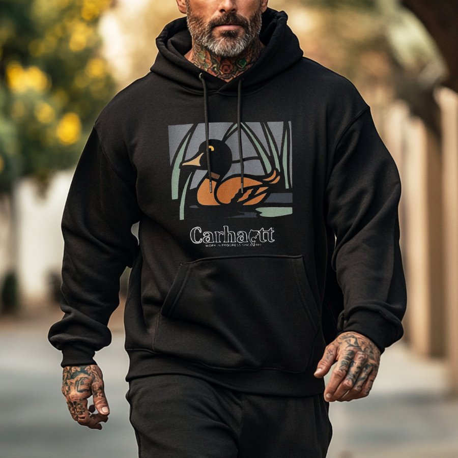 

Men's Vintage Duck Print Pocket Long Sleeve Black Hoodie