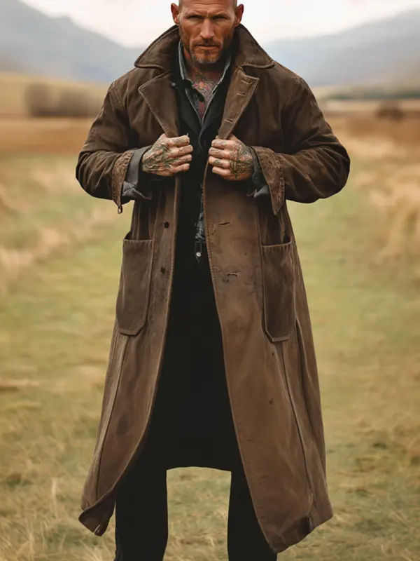 Men's Vintage Multi-Pocket Reverse Collar Outdoor Jacket Duster Trench Coat - Menwyx.com 