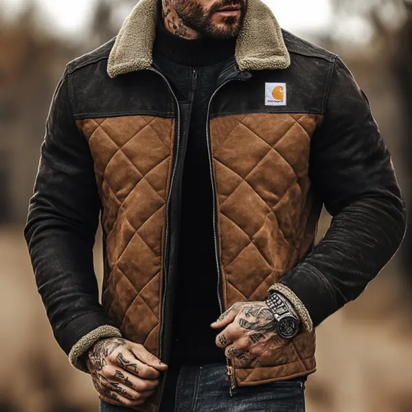 Men's Vintage Pocket Suede Quilted Zip Outdoor Motorcycle Stand Lamb Wool Splicing Collar Jacket - Cotosen.com