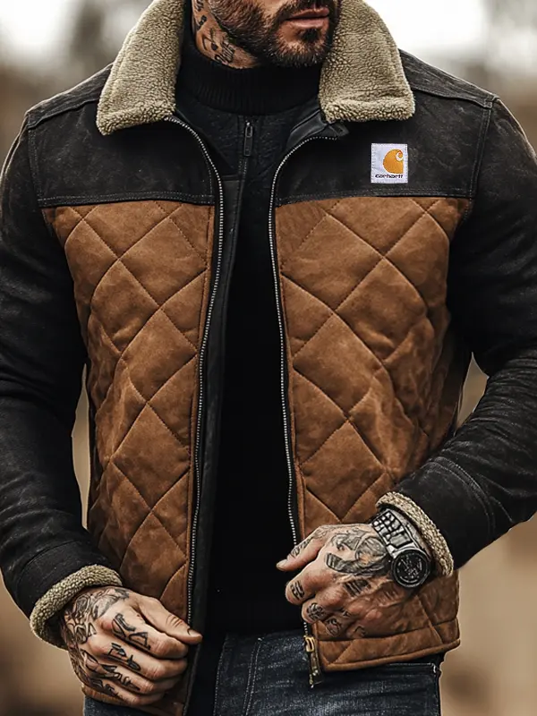 Carhartt Men's Vintage Suede Quilted Zip Lamb Wool Splicing Collar Jacket - Wantbright.com 