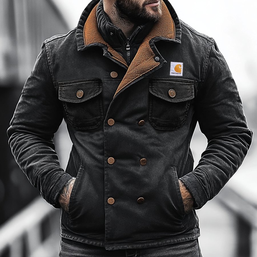 

Men's Outdoor Military Collar Spliced Multi Pocket Double-breasted Buttoning Denim Jacket