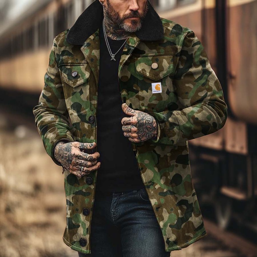 

Men's Vintage Camouflage Lapel Collar Mid-Length Coat Shearling Jacket