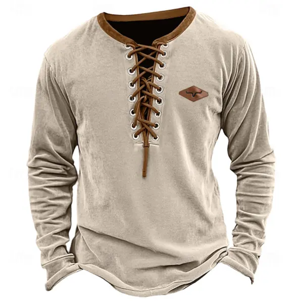 Men's Vintage Leather Label Design Velvet Fabric Long Sleeve Casual Holiday Lace-up Collar Tee - Elementnice.com 