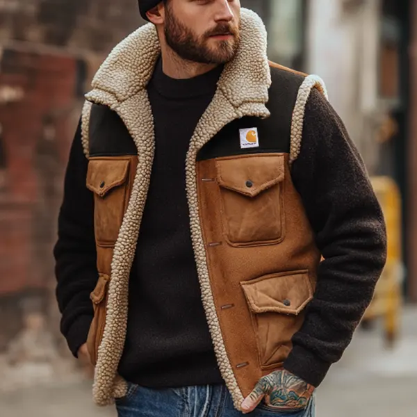 Men's Outdoor Vintage Lamb Wool Multi Pocket Splicing Suede Vest Jacket - Elementnice.com 