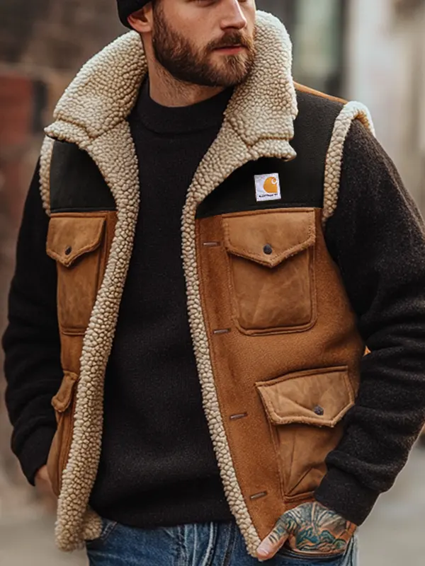 Men's Outdoor Vintage Lamb Wool Multi Pocket Splicing Suede Vest Jacket - Menbarn.com 