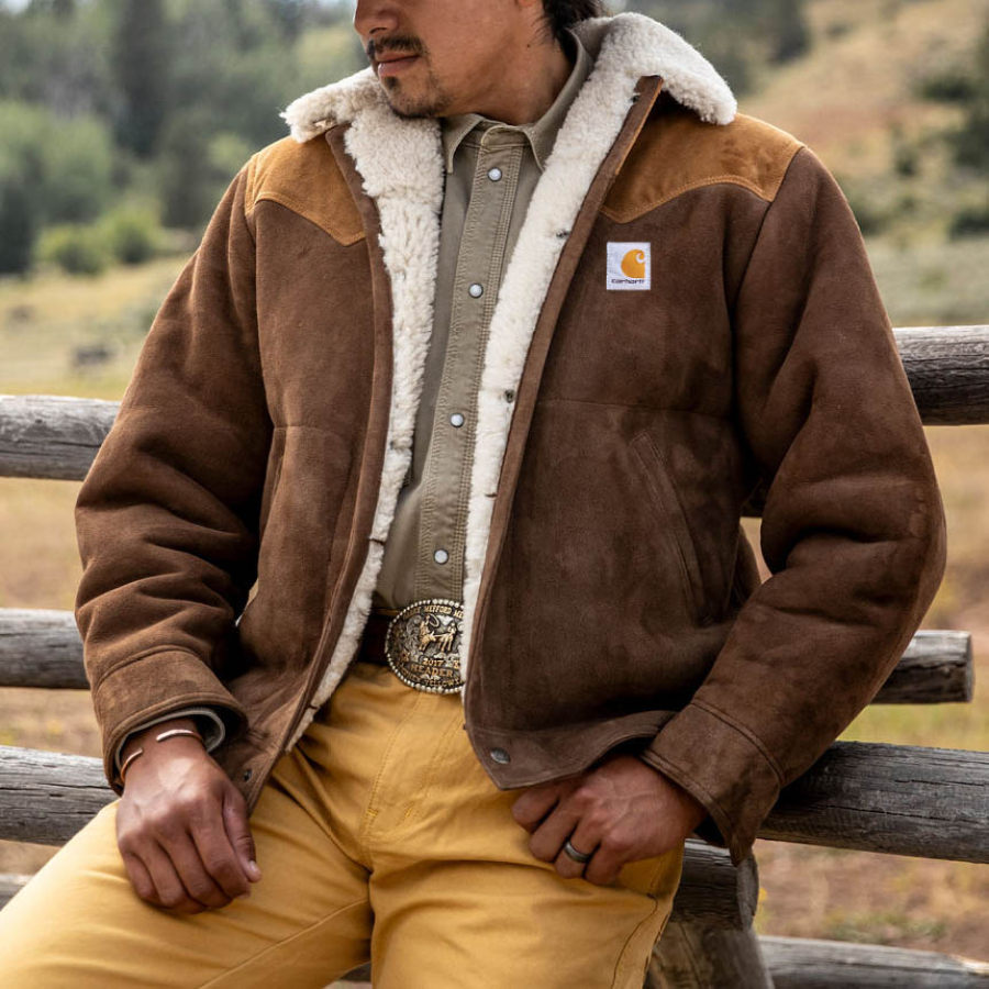 

Men's Vintage Suede Color Block Fleece Lapel Collar Outdoor Shearling Jacket