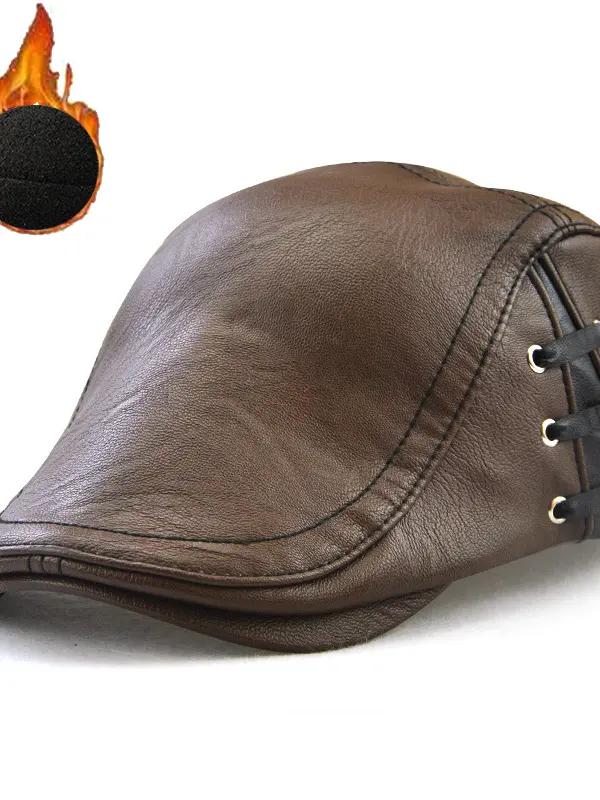 Men's Vintage PU Lace-up Spliced ​​patchwork Beret Only $19.99 - Simplyion.com 