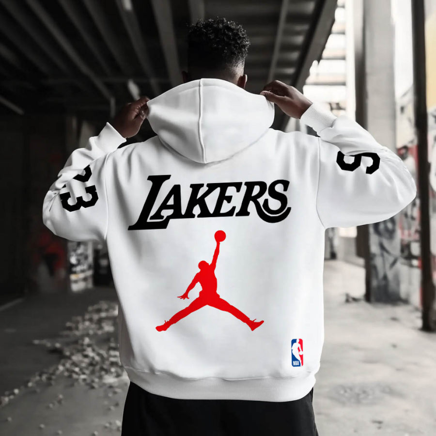 

Men's Vintage Basketball Print Pocket Long Sleeve Hoodie