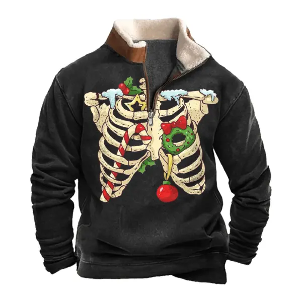 Men's Vintage Christmas Skeleton Lamb Fleece Collar Spliced Sweatshirts - Wayrates.com 