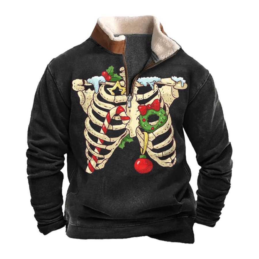 

Men's Vintage Christmas Skeleton Lamb Fleece Collar Spliced Sweatshirts