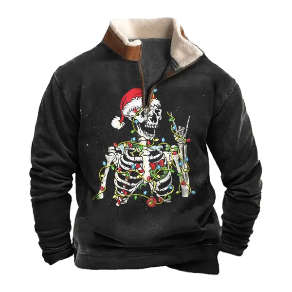 Men's Vintage Skeleton Christmas Lamb Fleece Collar Spliced Sweatshirts - Wayrates.com 