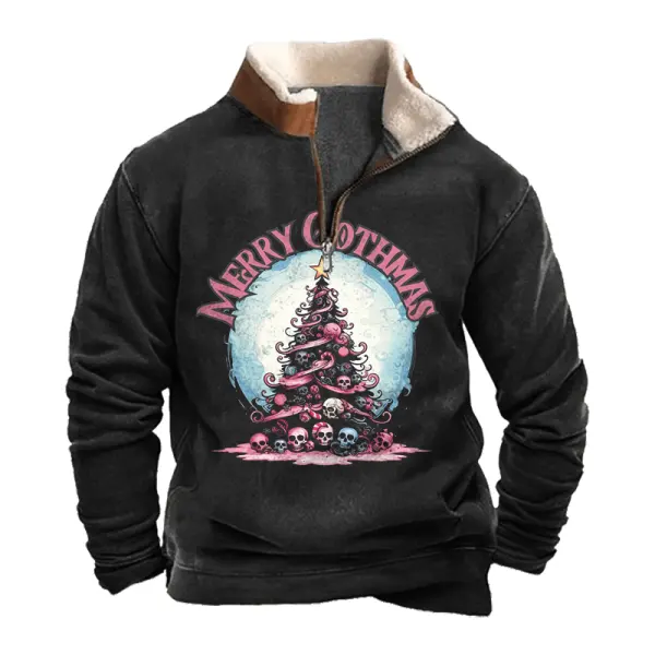 Men's Pink Skeleton Christmas Tree Vintage Lamb Fleece Collar Spliced Sweatshirts - Wayrates.com 