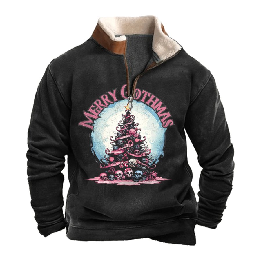 

Men's Pink Skeleton Christmas Tree Vintage Lamb Fleece Collar Spliced Sweatshirts