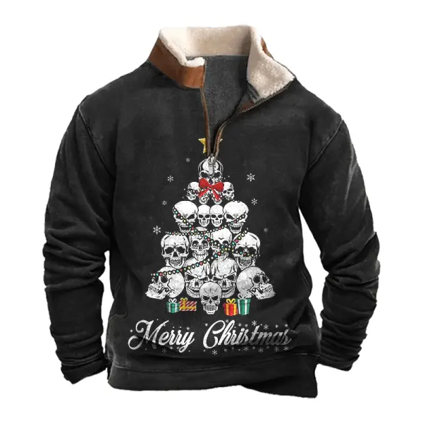 Men's Skeleton Christmas Tree Vintage Lamb Fleece Collar Spliced Sweatshirts - Wayrates.com 