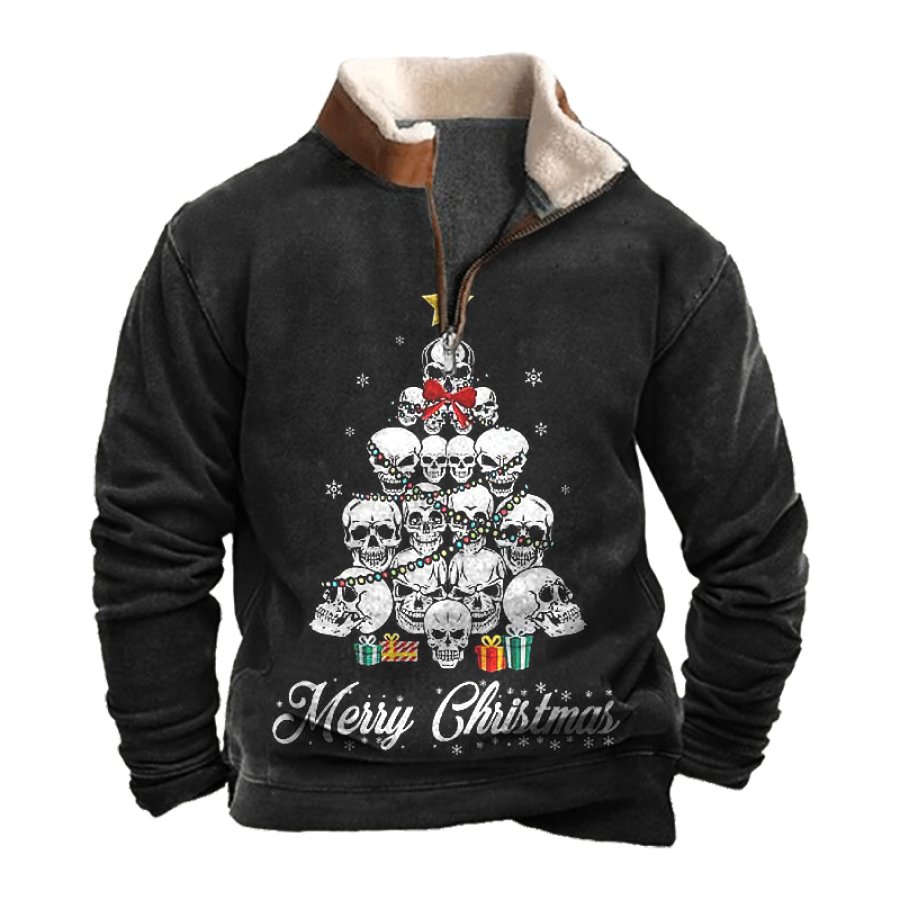 

Men's Skeleton Christmas Tree Vintage Lamb Fleece Collar Spliced Sweatshirts