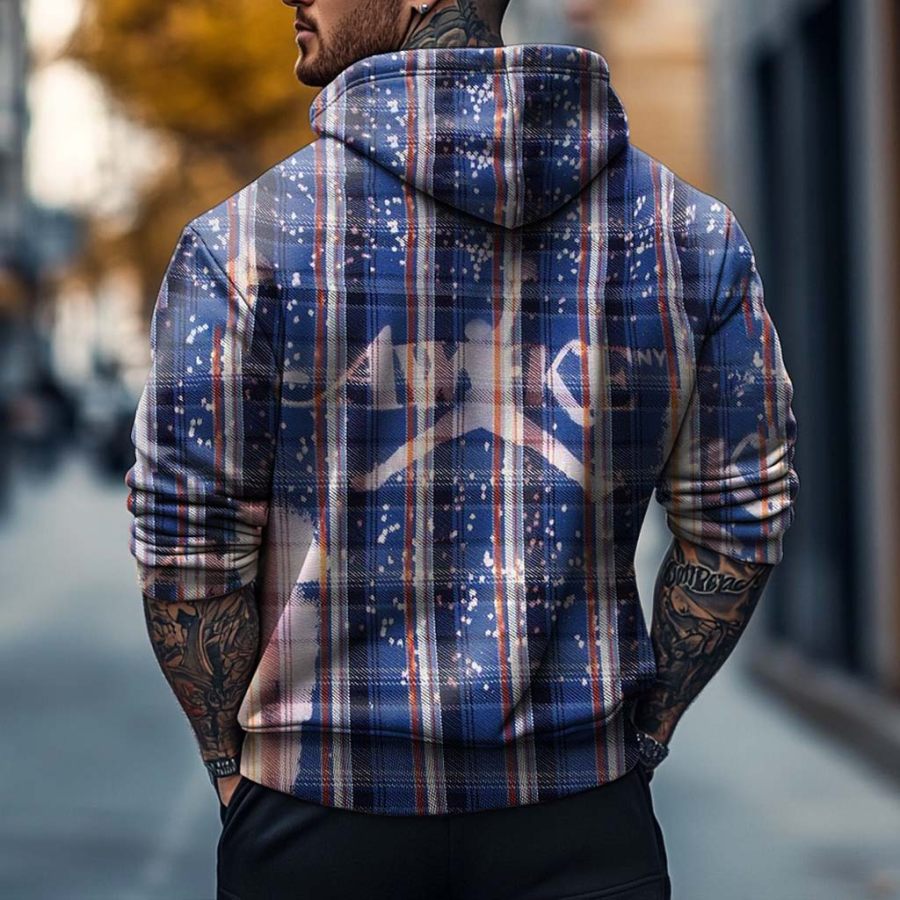 

Men's Vintage Plaid Basketball Print Pocket Long Sleeve Hoodie