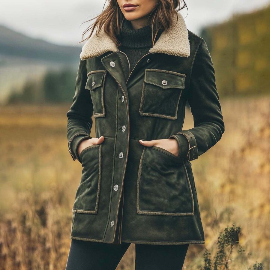 

Women's Vintage Suede Multi-Pocket Lapel Sherpa Collar Jacket