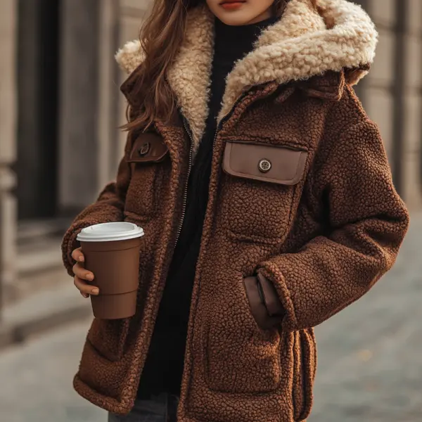 Women's Vintage Lambskin Pocket Leather Patchwork Hooded Jacket Coat - Cotosen.com 