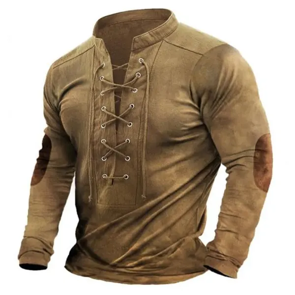 Men's Outdoor Suede Patchwork Drawstring Collar Long Sleeve T-Shirt - Cotosen.com 