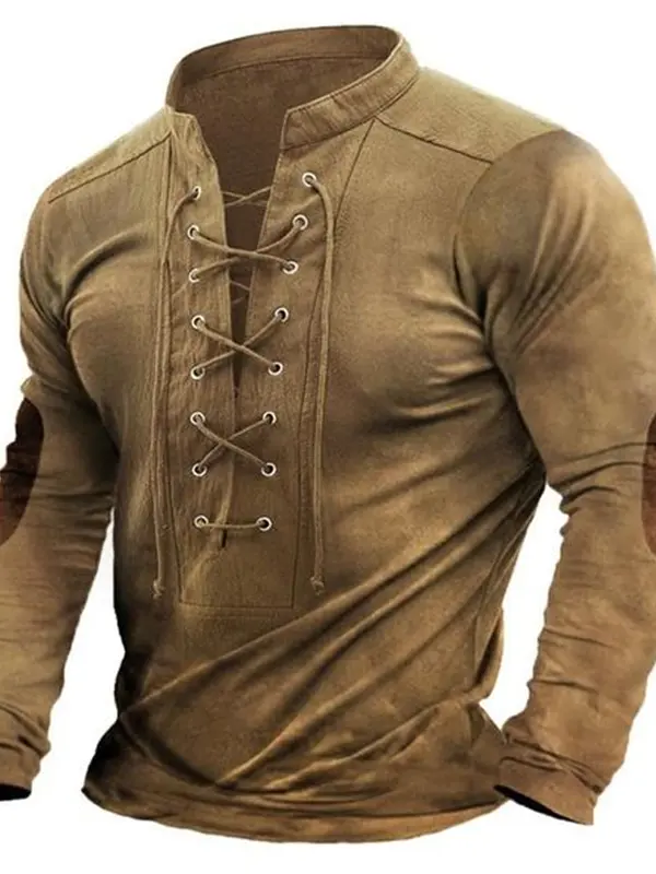 Men's Outdoor Suede Patchwork Drawstring Collar Long Sleeve T-Shirt - Menbarn.com 