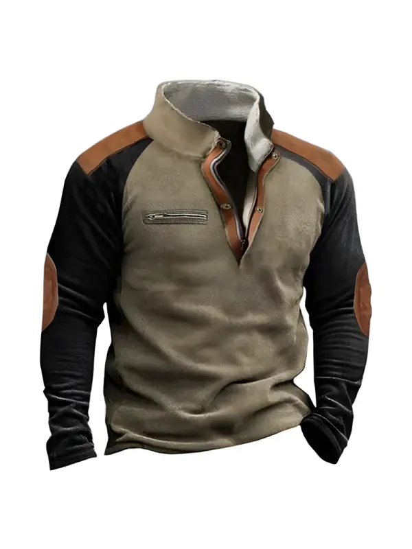 Men's Yellowstone Outdoor Henley Collar Suede Spliced Zipper Sweatshirts - Localziv.com 