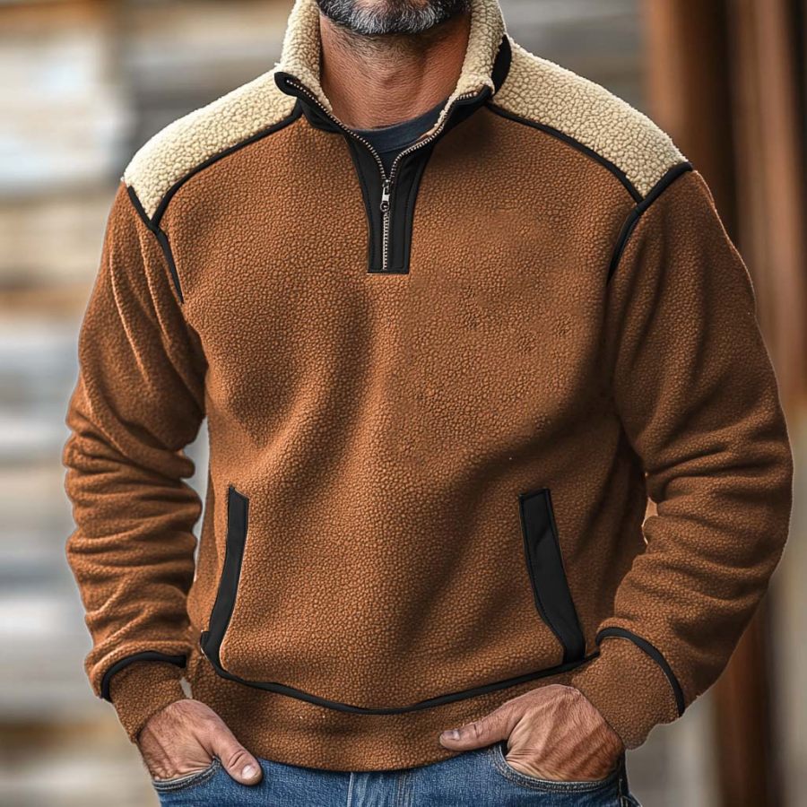 Men's Vintage Fleece Color Block Stand Collar Quarter Zip Sweatshirt
